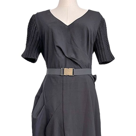 NUE BY SHANI Knit sleeve belted asymmetric Midi in Black Size 12 - Picture 3 of 10